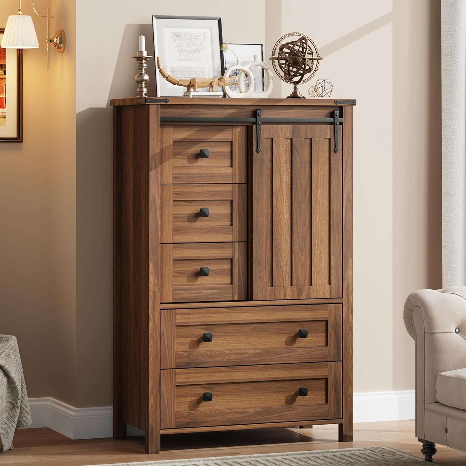 Walnut Farmhouse 5 Drawer Barn Door Dresser