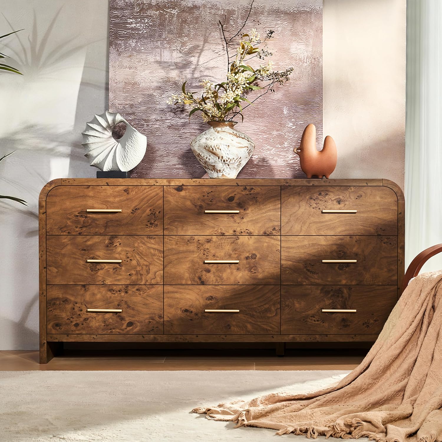 Dark Burl Curved 9 Drawer Dresser