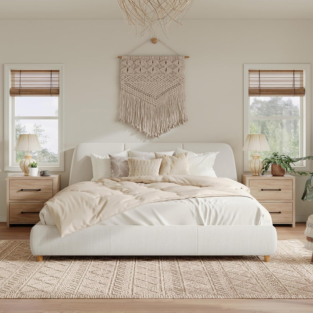 White Linen Platform Bed Headboard