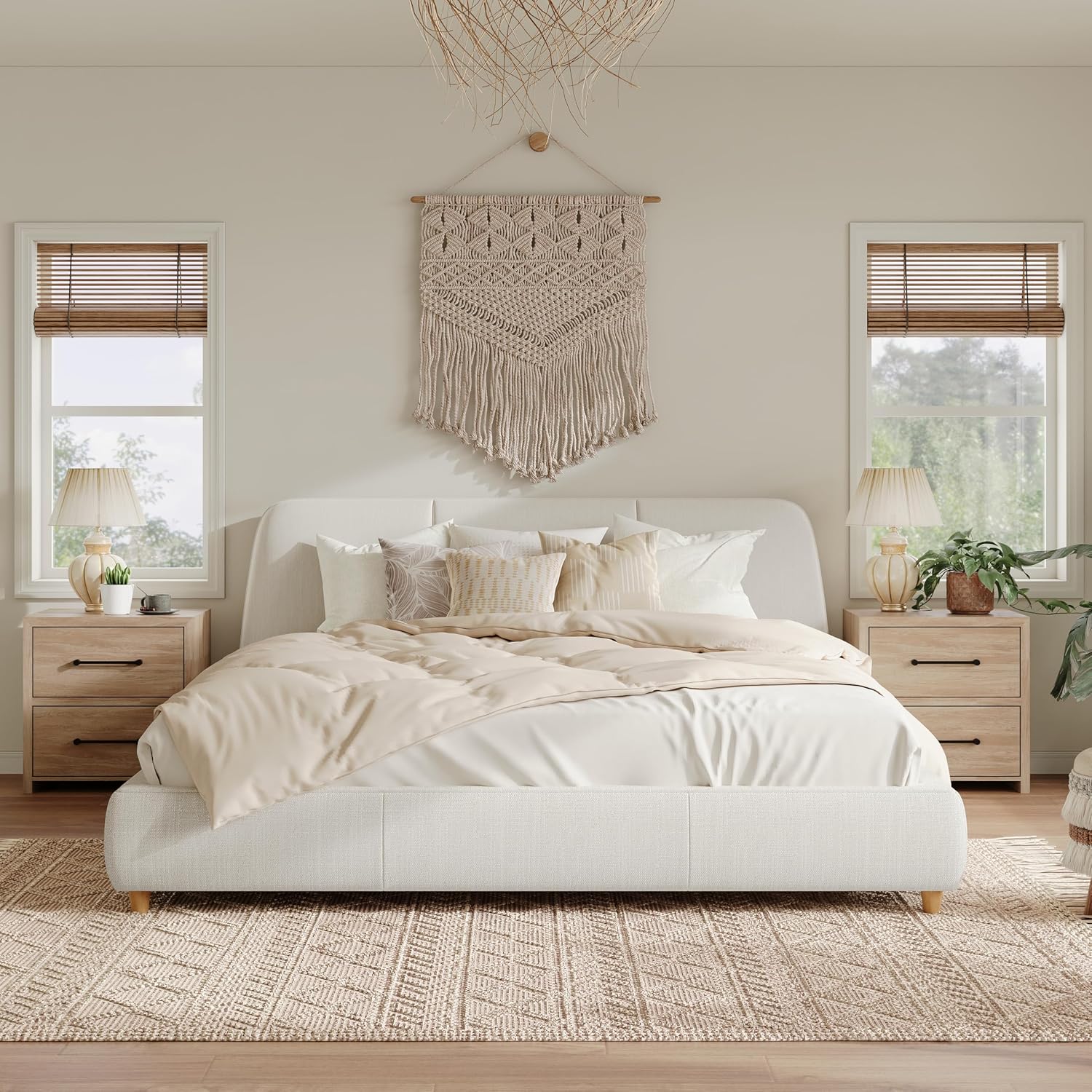 White Linen Platform Bed Headboard
