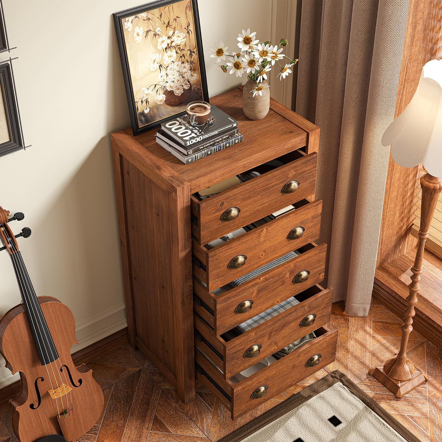 Dark Walnut Vintage 5 Drawer Tall Dresser