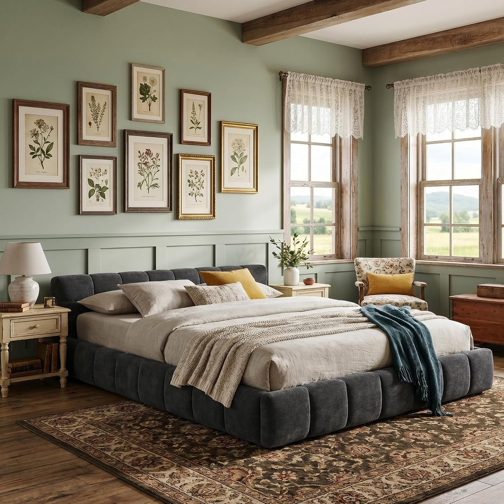 Dark Grey Chenille Platform Bed Headboard