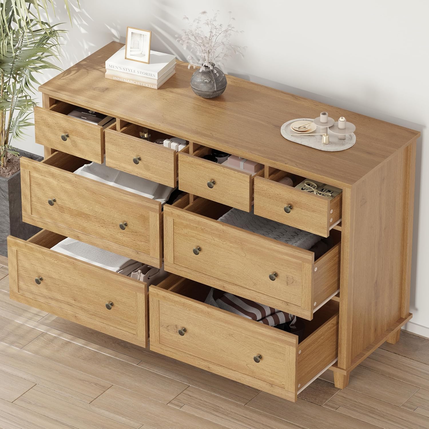 Natural 8 Drawer Wide Wood Dresser