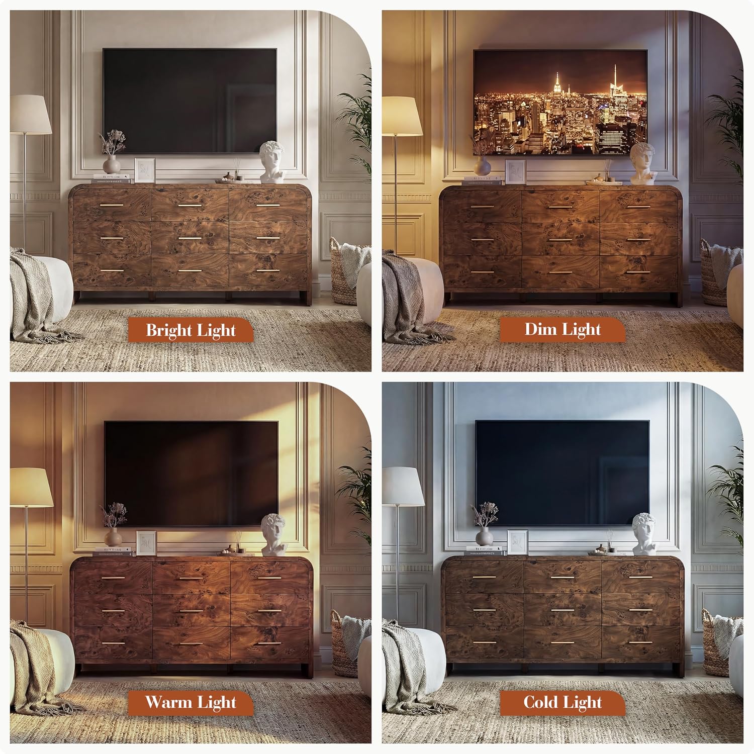 Dark Burl Curved 9 Drawer Dresser