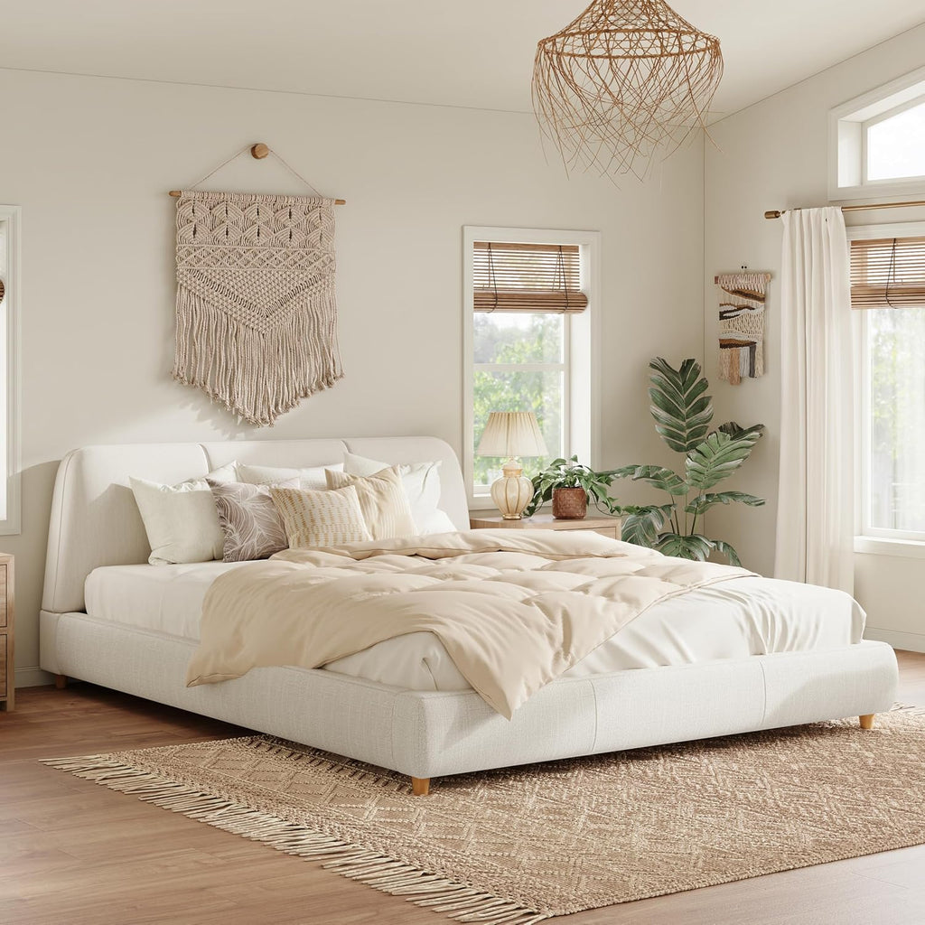White Linen Platform Bed Headboard