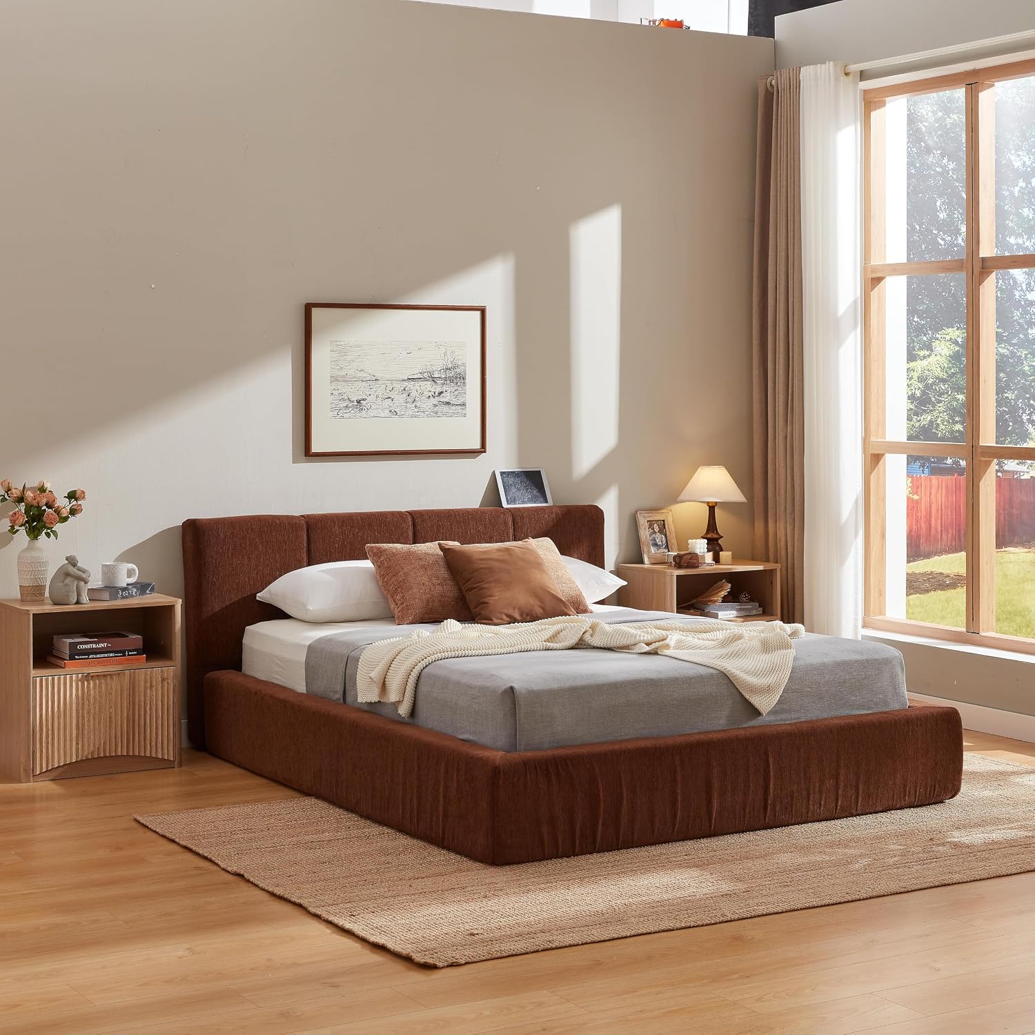 Brown Upholstered Platform Steel Bed