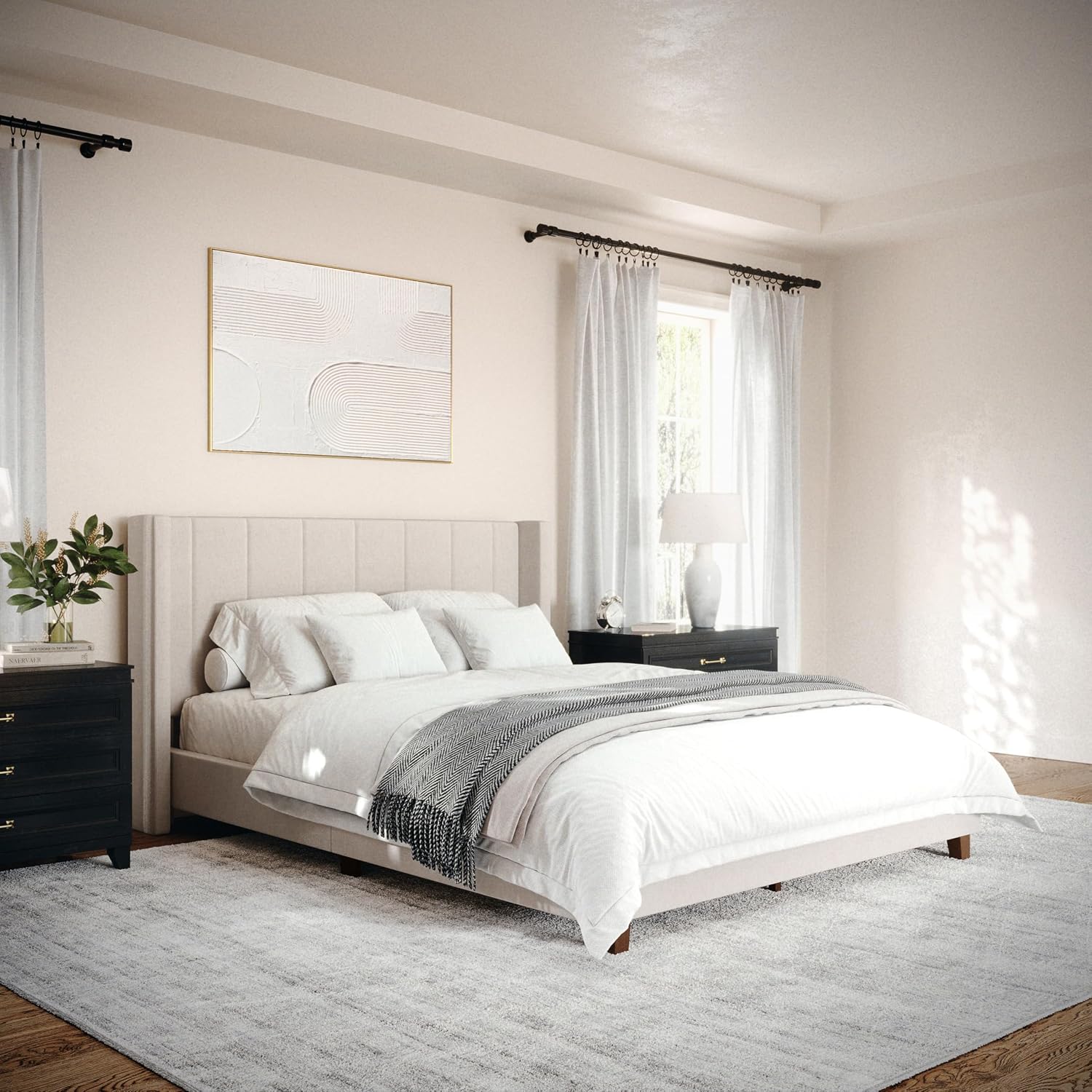 Beige Wingback Platform Stitched Bed