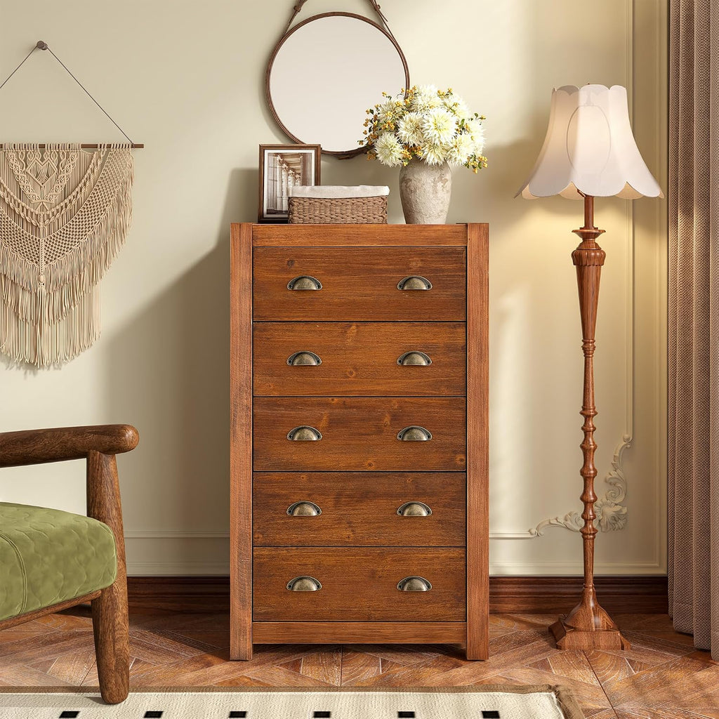 Dark Walnut Vintage 5 Drawer Tall Dresser