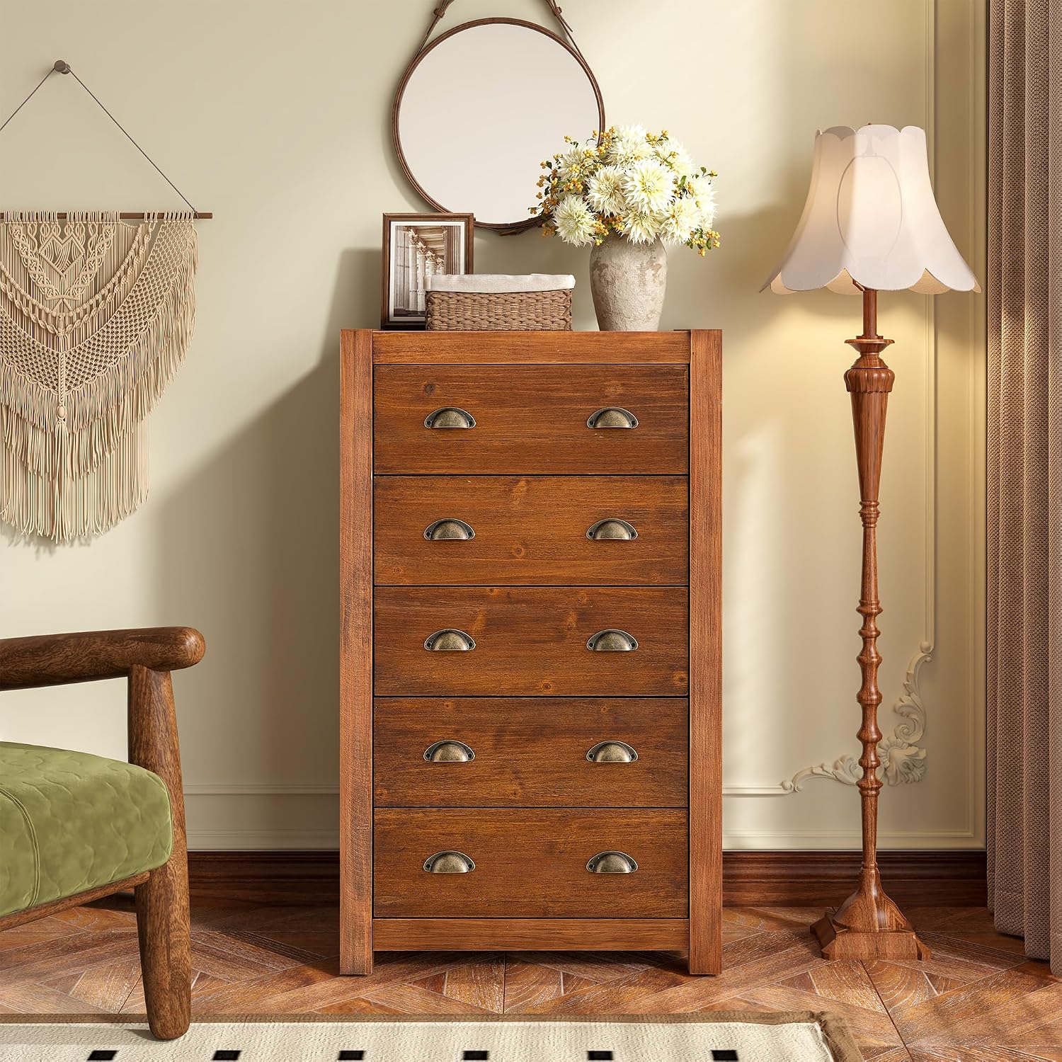 Dark Walnut Vintage 5 Drawer Tall Dresser