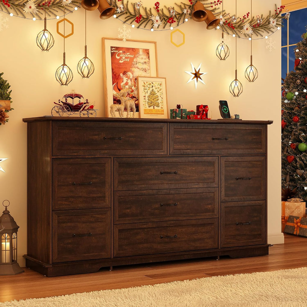 Rustic Brown Farmhouse 9 Drawer Dresser