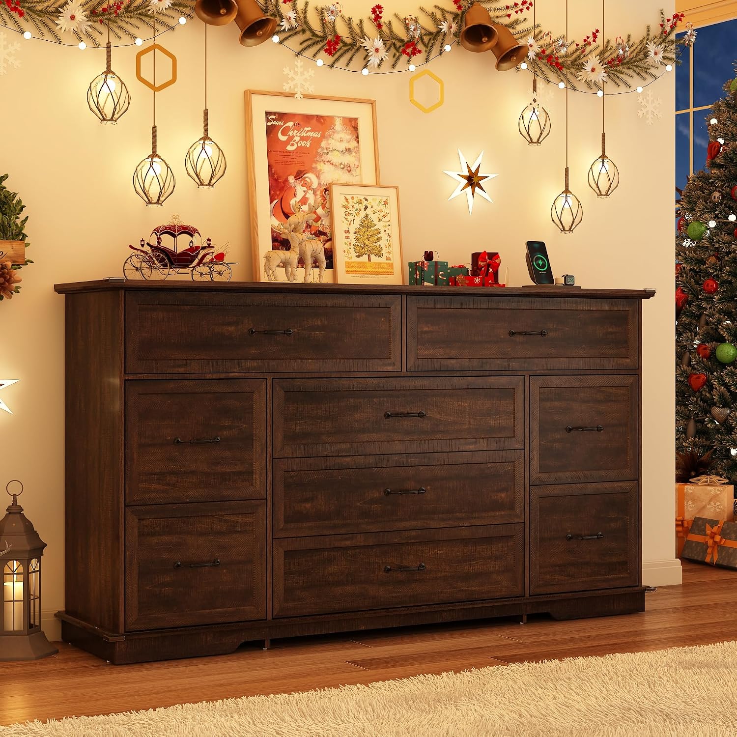 Rustic Brown Farmhouse 9 Drawer Dresser