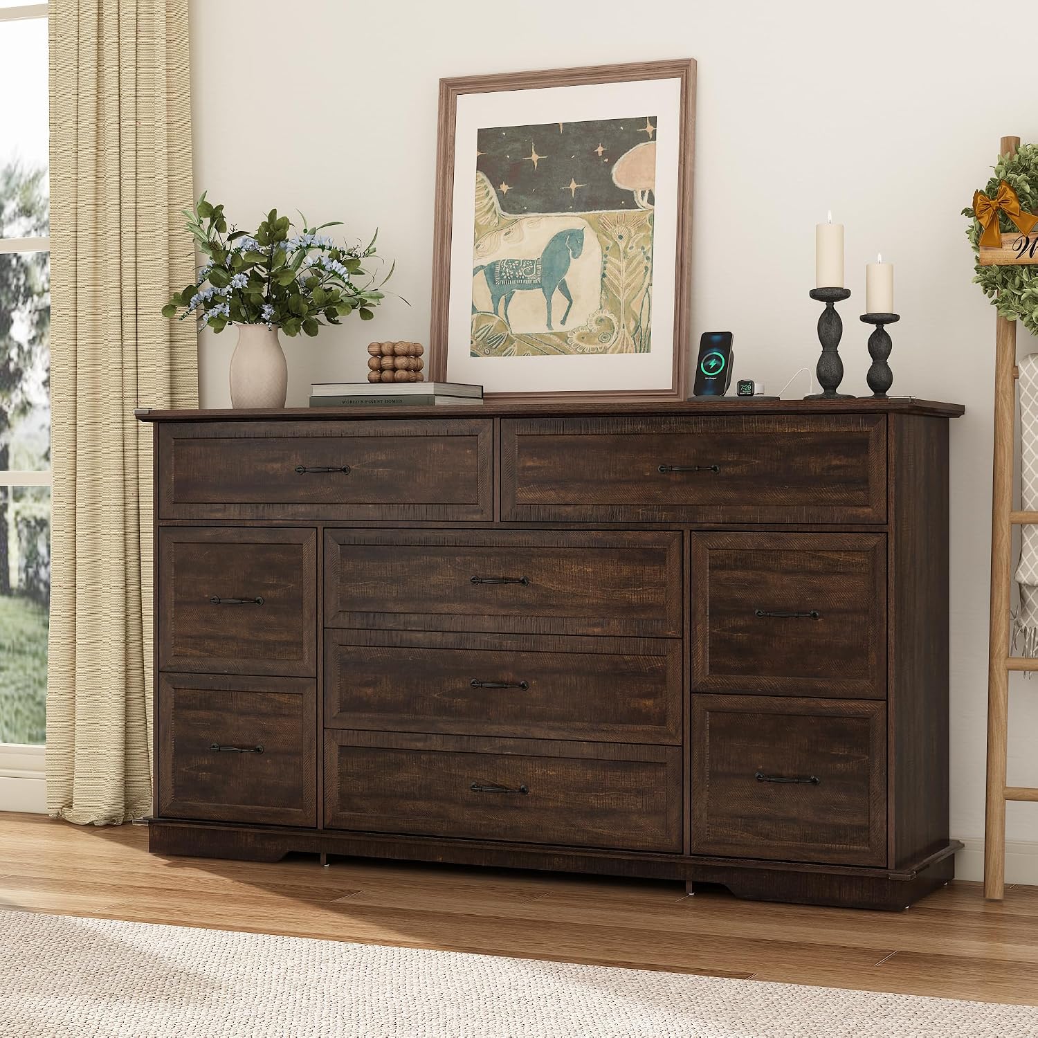 Rustic Brown Farmhouse 9 Drawer Dresser