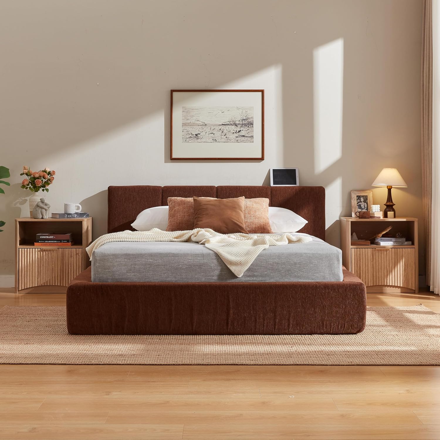 Brown Upholstered Platform Steel Bed