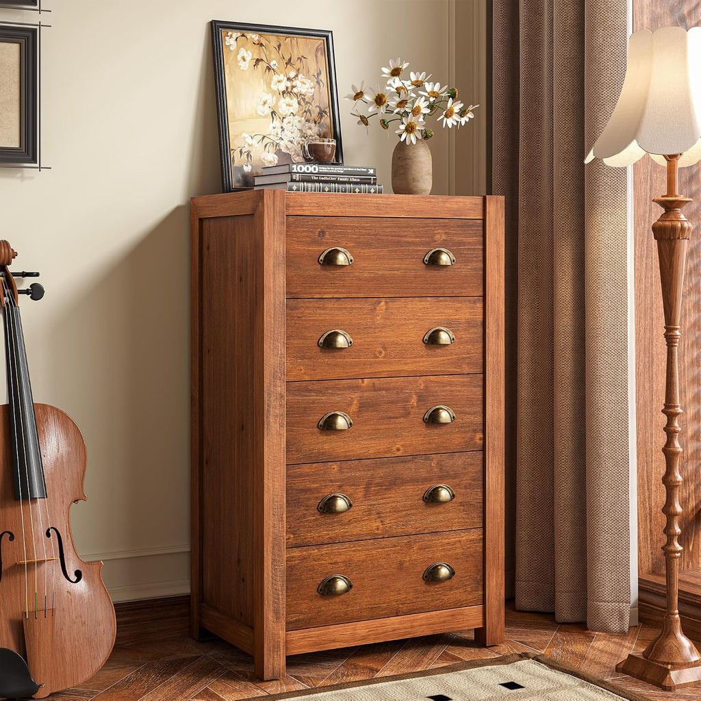Dark Walnut Vintage 5 Drawer Tall Dresser