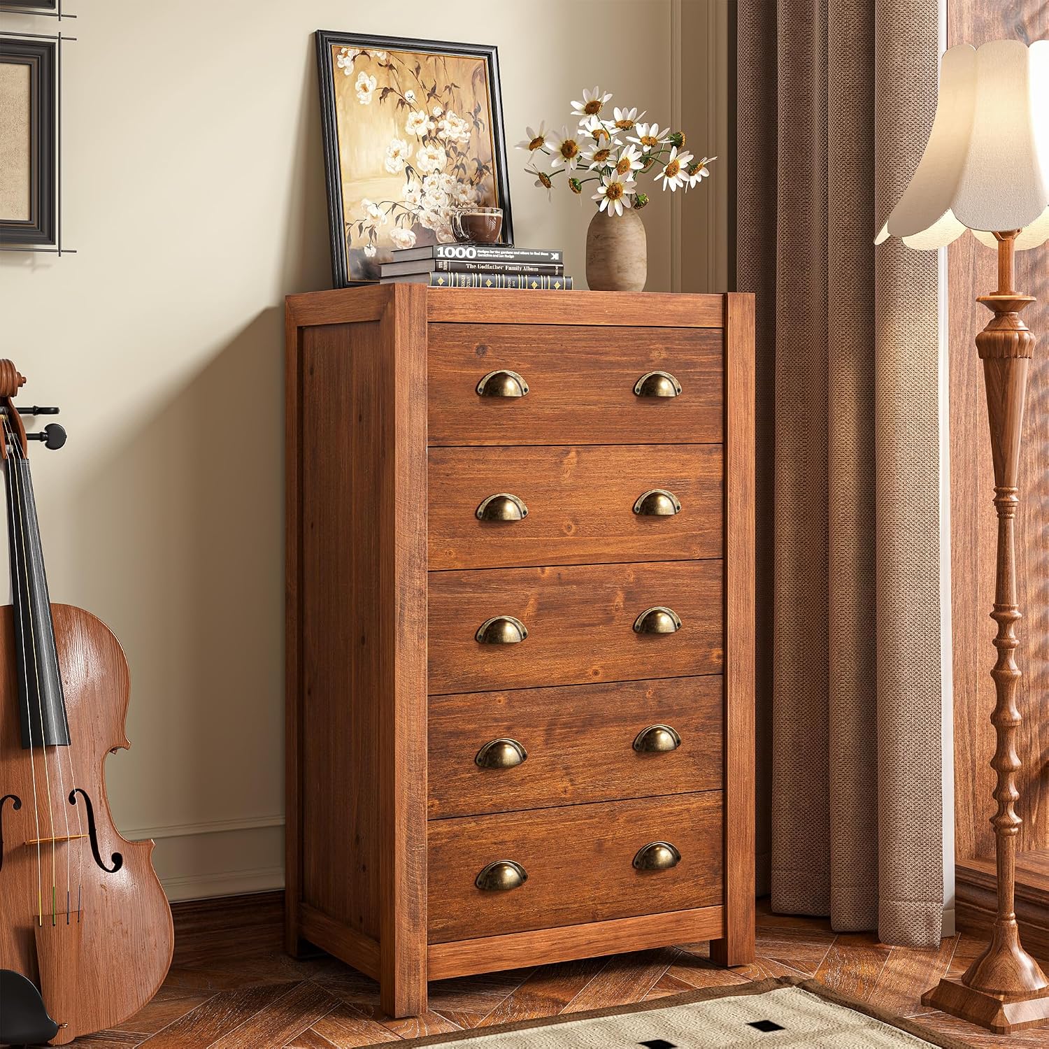 Dark Walnut Vintage 5 Drawer Tall Dresser