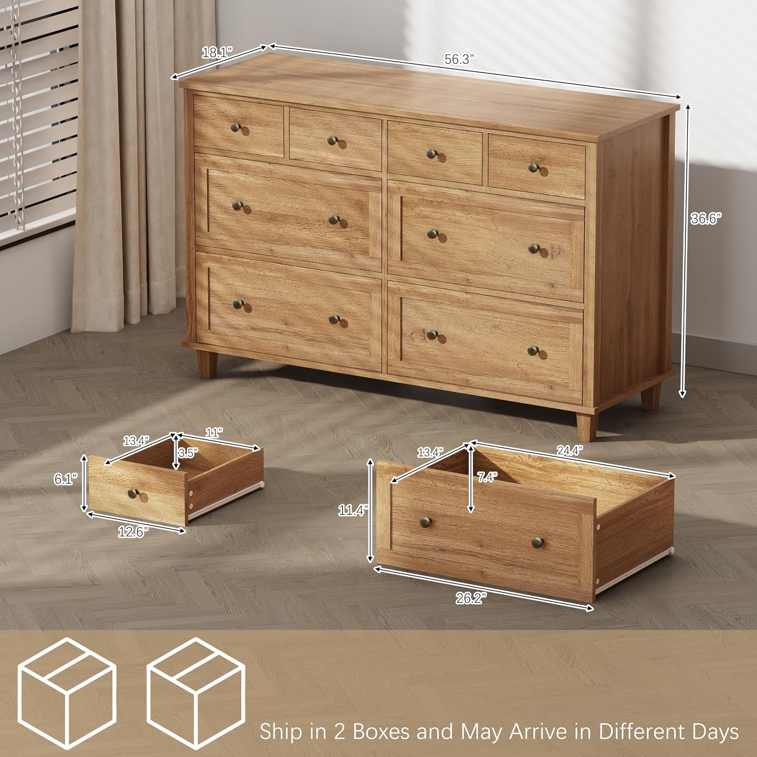 Natural 8 Drawer Wide Wood Dresser