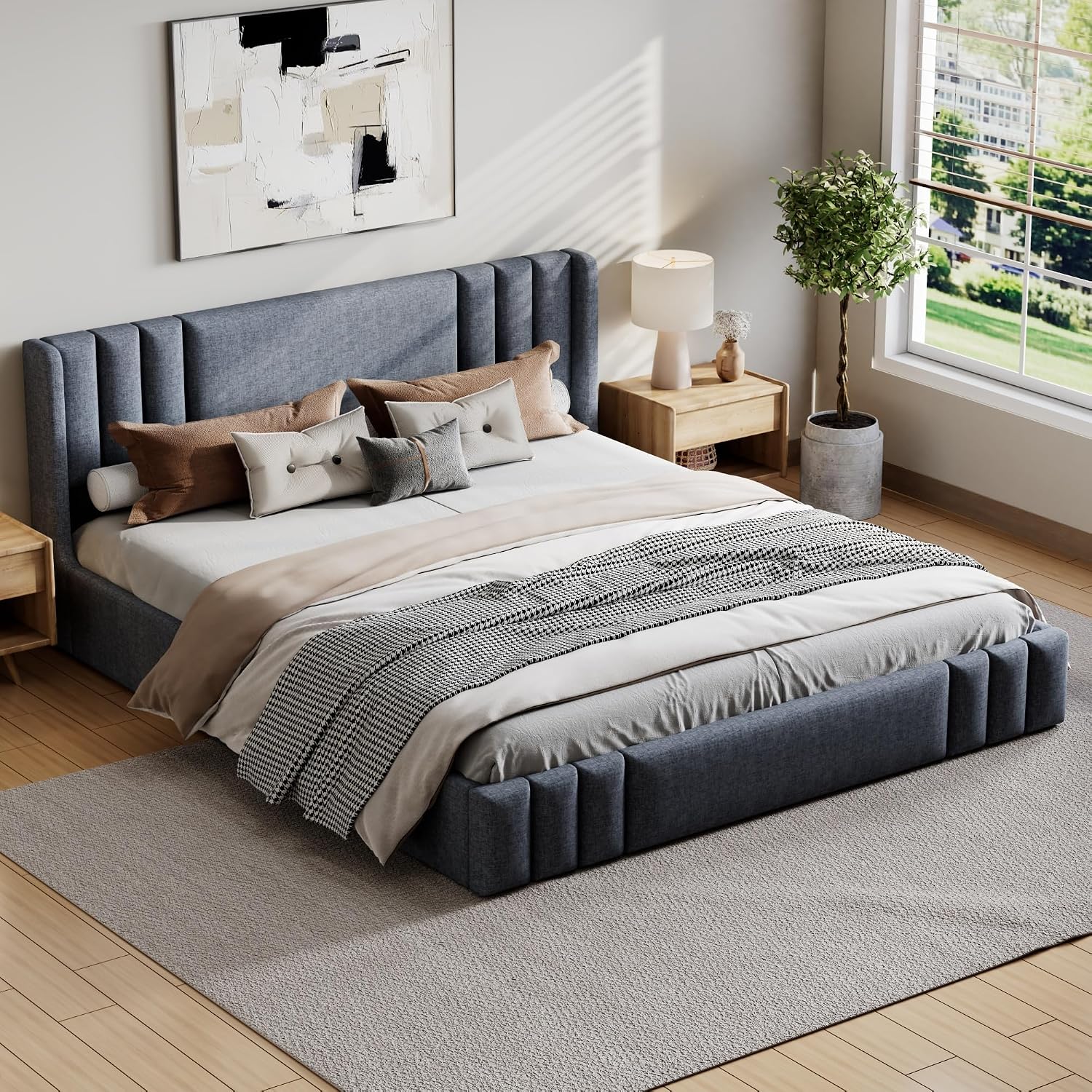 Gray Wingback Linen Platform Bed
