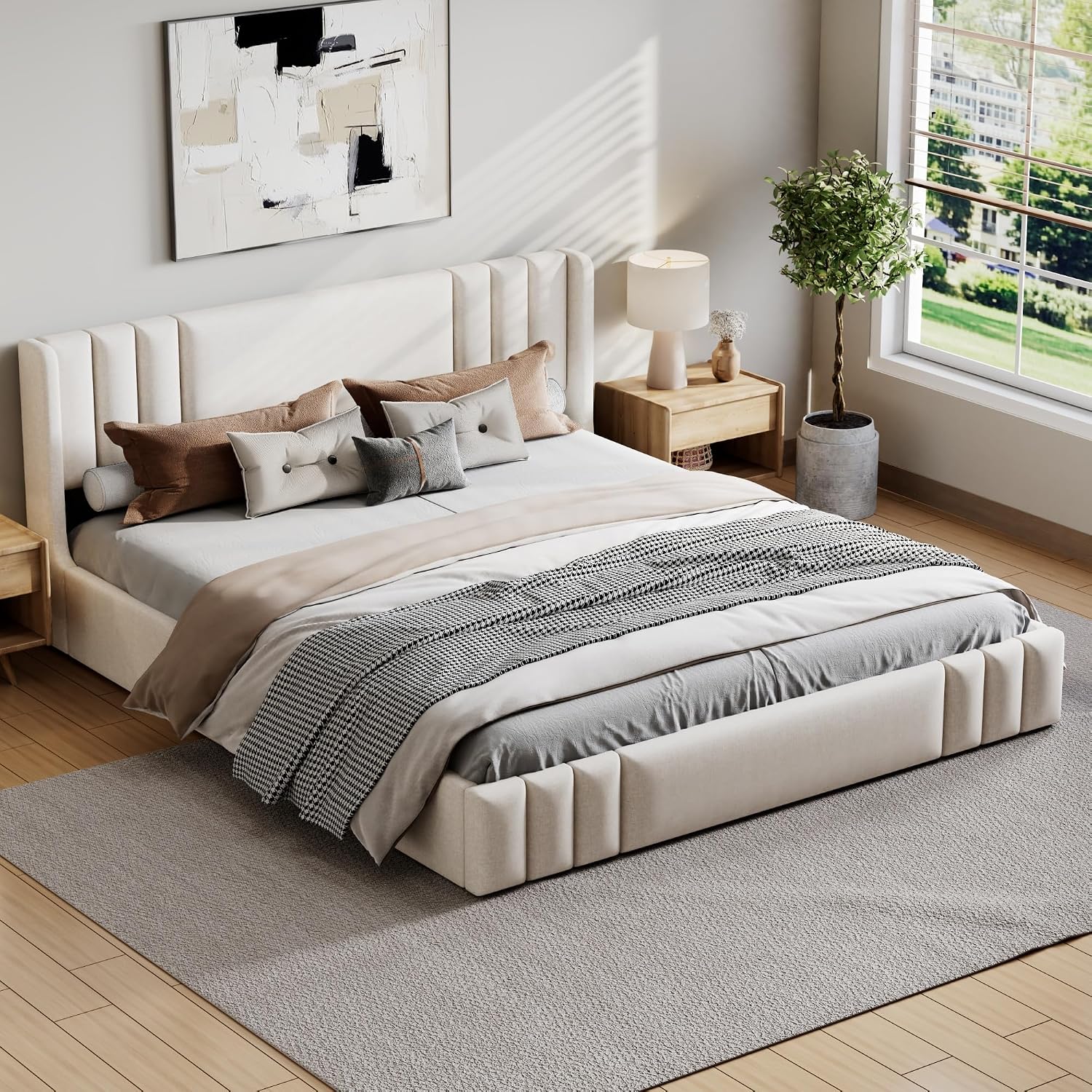 Beige Linen Wingback Platform Bed