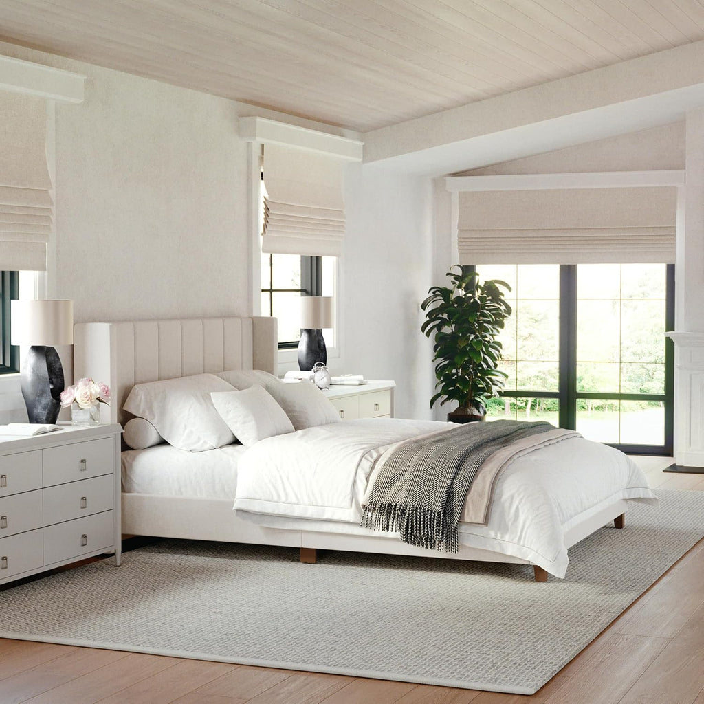 Beige Wingback Platform Stitched Bed