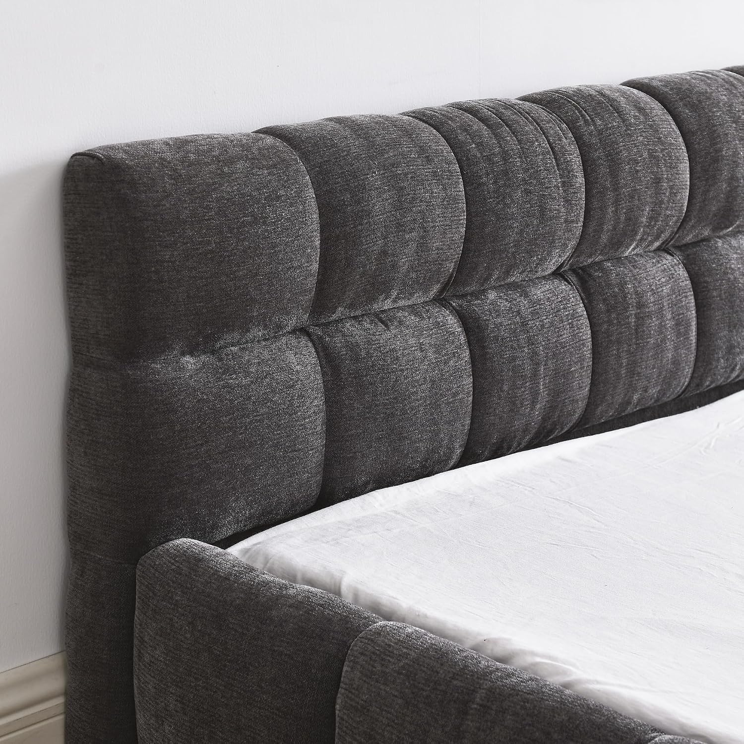 Dark Grey Chenille Platform Bed Headboard