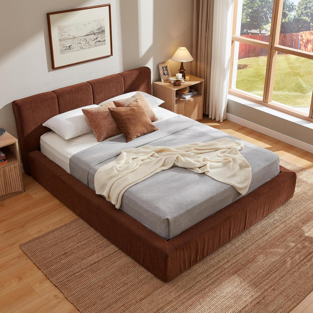 Brown Upholstered Platform Steel Bed