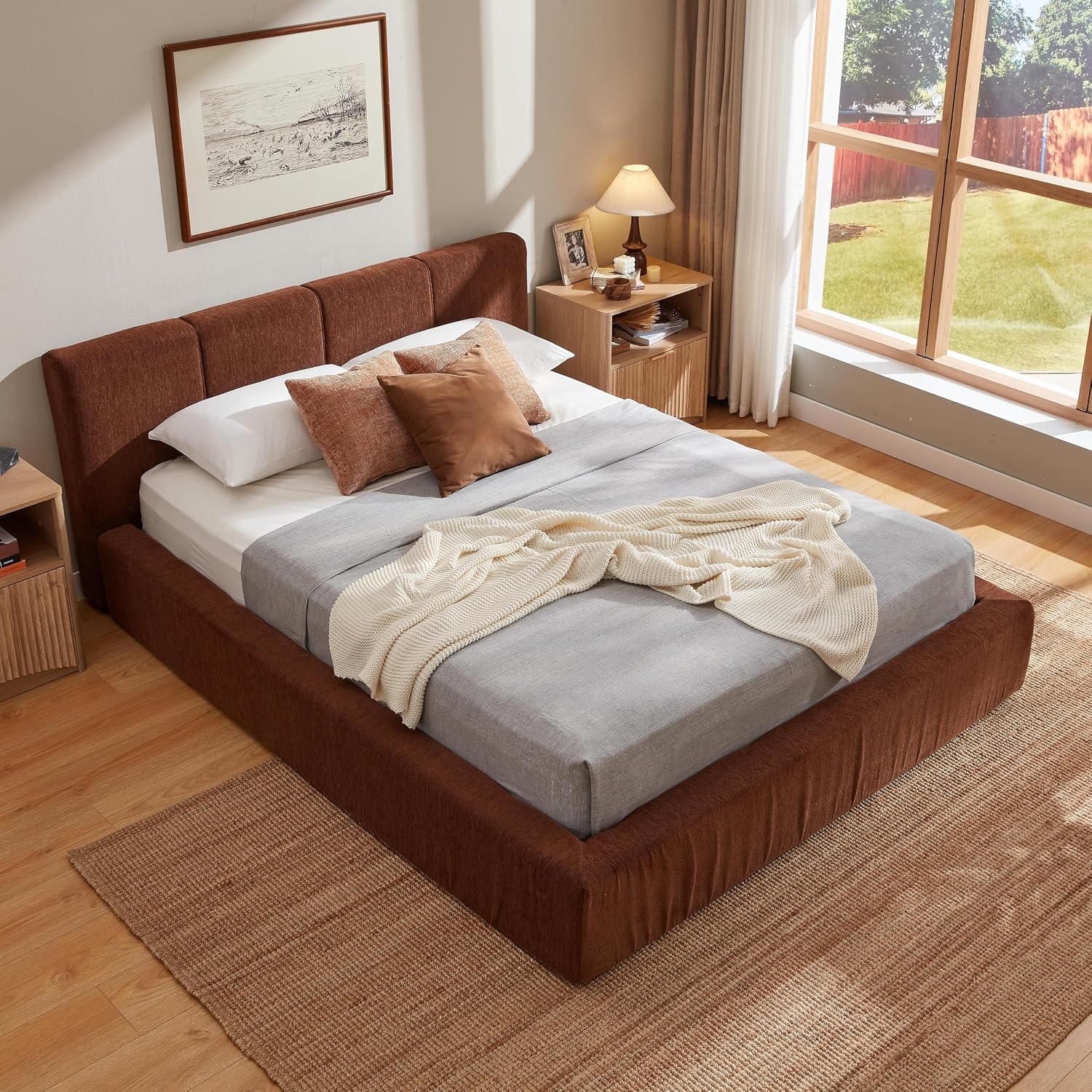 Brown Upholstered Platform Steel Bed